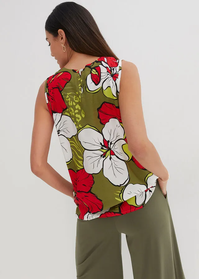 Blusa de viscosa Fresa-caqui oscuro de flores