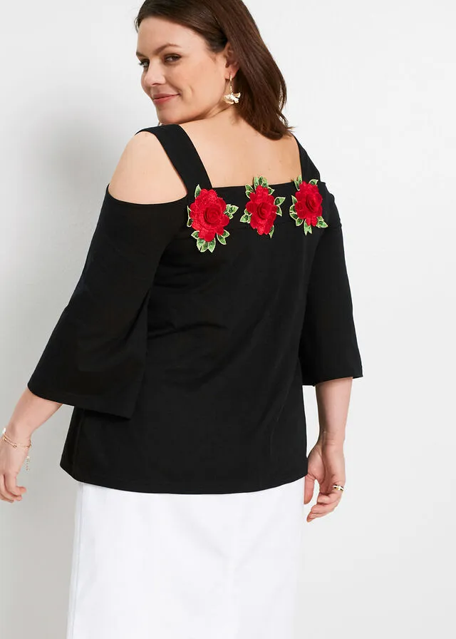 Camiseta con hombros al descubierto Negro-rojo de flores