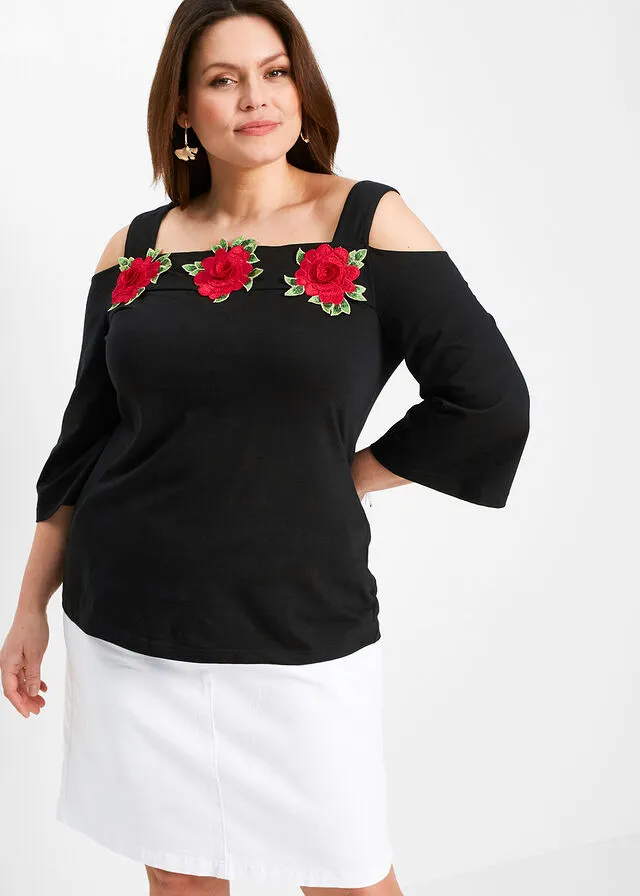 Camiseta con hombros al descubierto Negro-rojo de flores