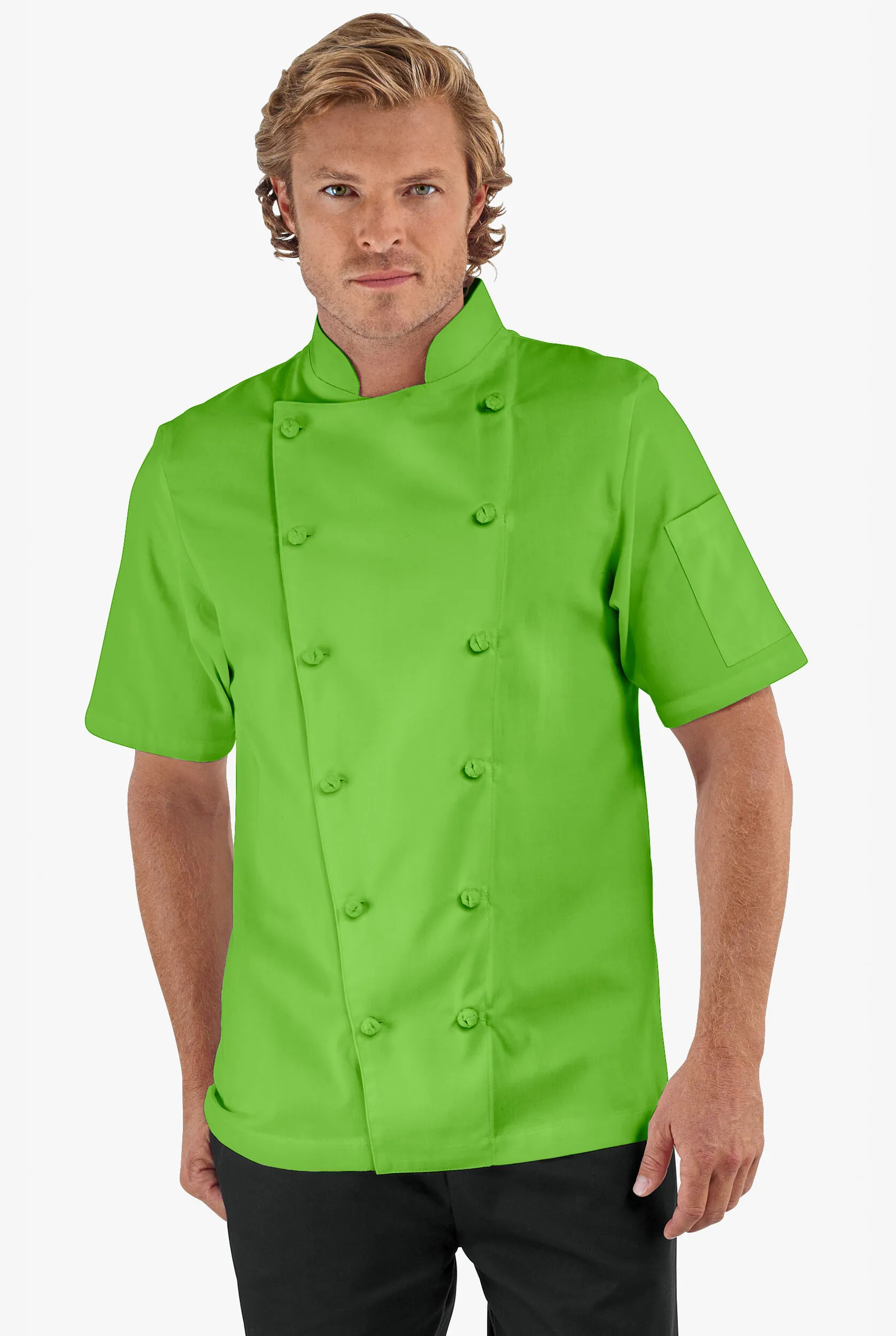 Chaqueta manga corta de gastronomía de corte clásico con 1 bolsillo y botones de tela anudada para hombre