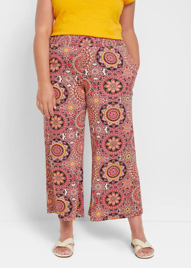 Culotte ancho de punto con cintura ancha de nido de abeja y corte capri Rojo atardecer con patrón paisley