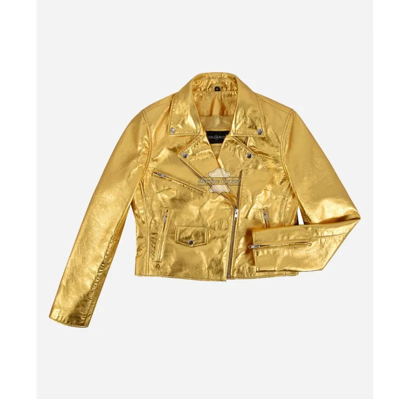 EMMA WATSON Style Jacket SLIM FIT SHORT BODY Ladies Golden LEATHER JACKET