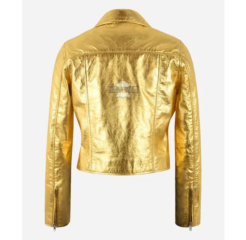 EMMA WATSON Style Jacket SLIM FIT SHORT BODY Ladies Golden LEATHER JACKET