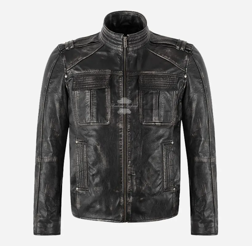 FERNWOOD Vintage Waxed Black Leather Biker Jacket For Men's