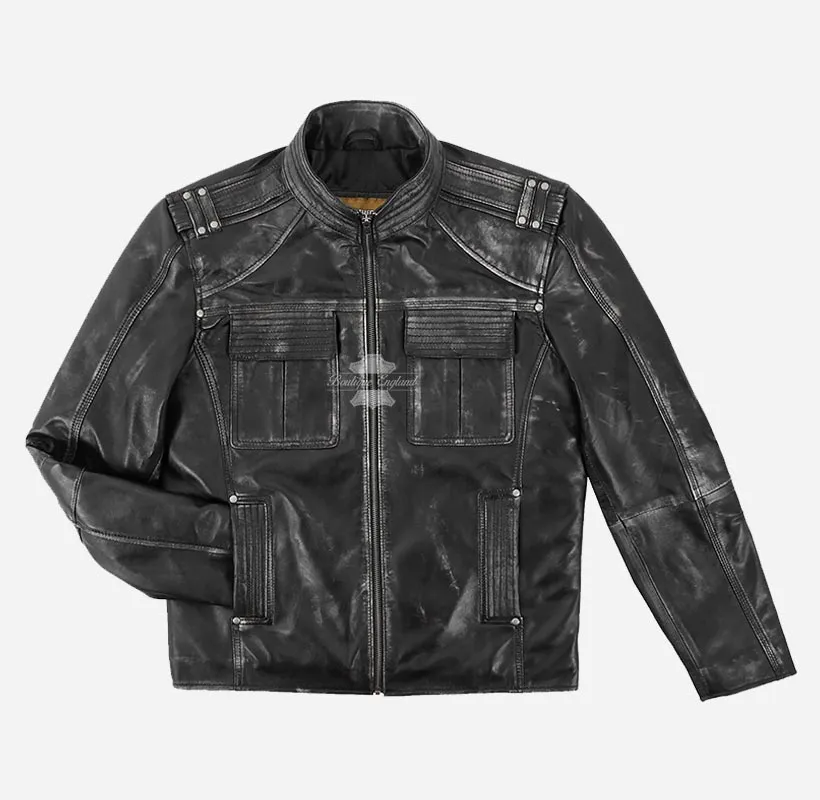 FERNWOOD Vintage Waxed Black Leather Biker Jacket For Men's