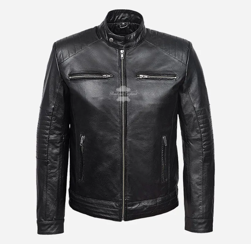 Fielder Leather Biker Jacket Men's Black Cow Leather Jacket