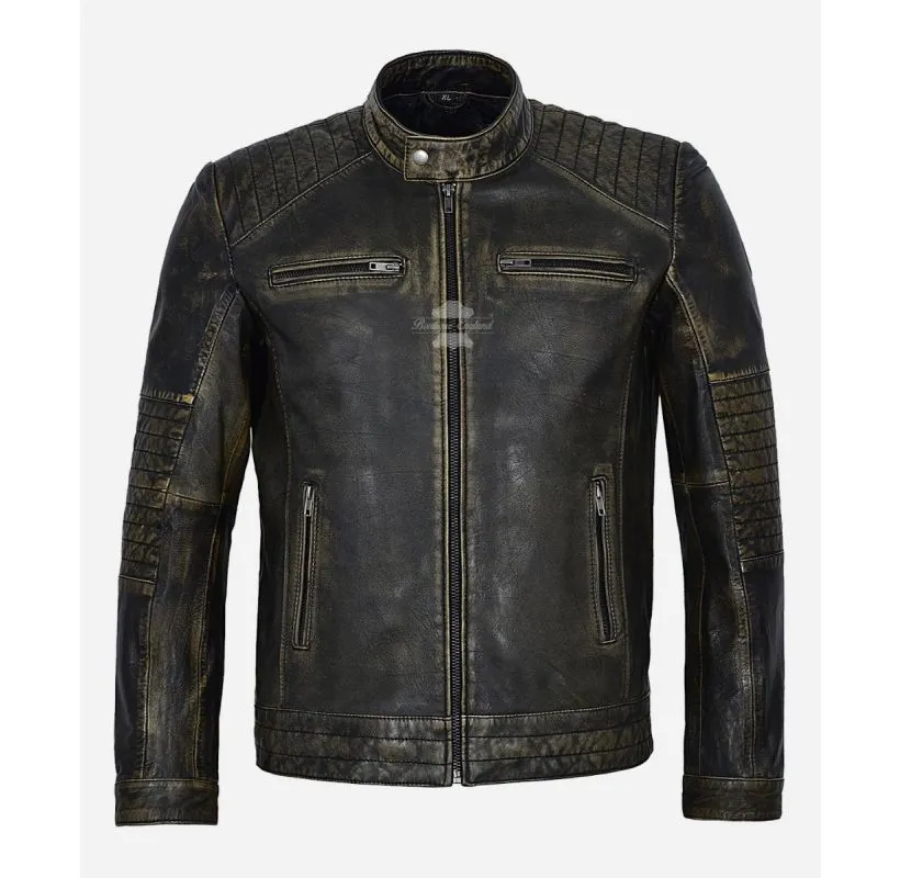 FIELDER Vintage Leather JACKET MEN'S BLACK Distressed CASUAL JACKET