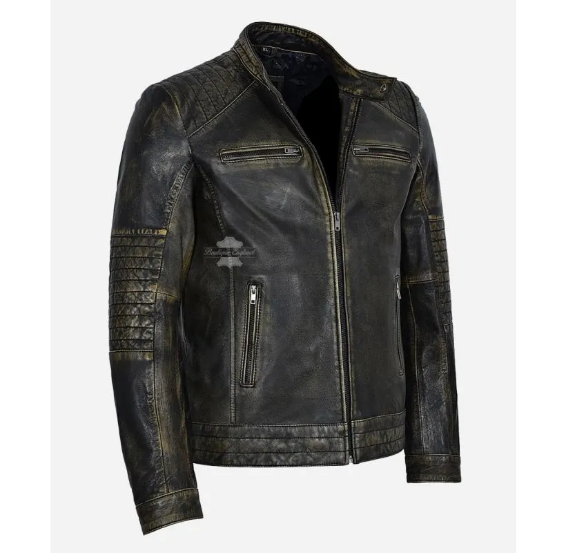 FIELDER Vintage Leather JACKET MEN'S BLACK Distressed CASUAL JACKET