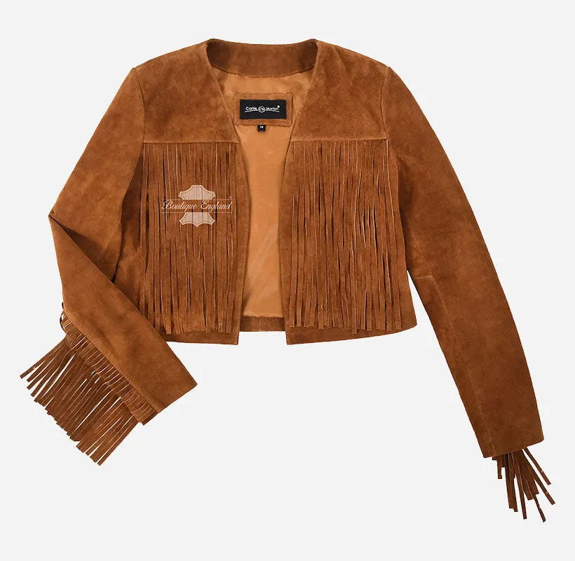 Flecos Fringe Leather Jacket Women Short Body Cropped 90's Suede Jacket