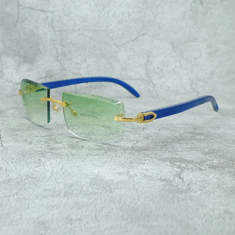 Gafas de sol de madera azul, gafas de sol sin montura de diseñador Carter con corte de diamante de lujo para hombres y mujeres, 