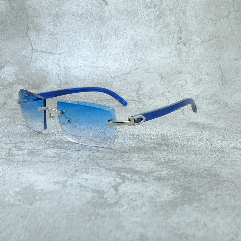 Gafas de sol de madera azul, gafas de sol sin montura de diseñador Carter con corte de diamante de lujo para hombres y mujeres, 