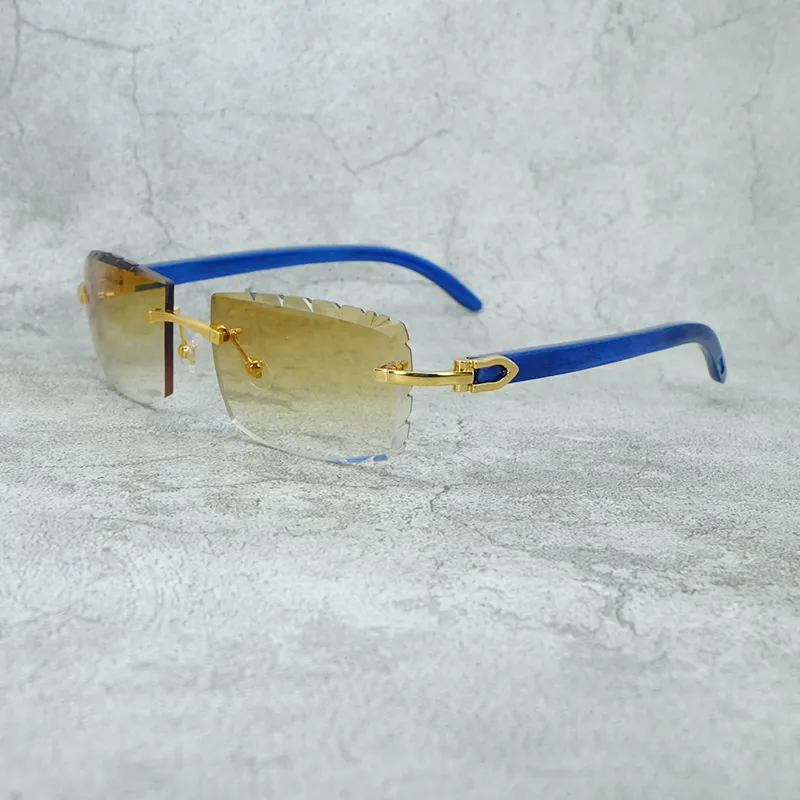 Gafas de sol de madera azul, gafas de sol sin montura de diseñador Carter con corte de diamante de lujo para hombres y mujeres, 