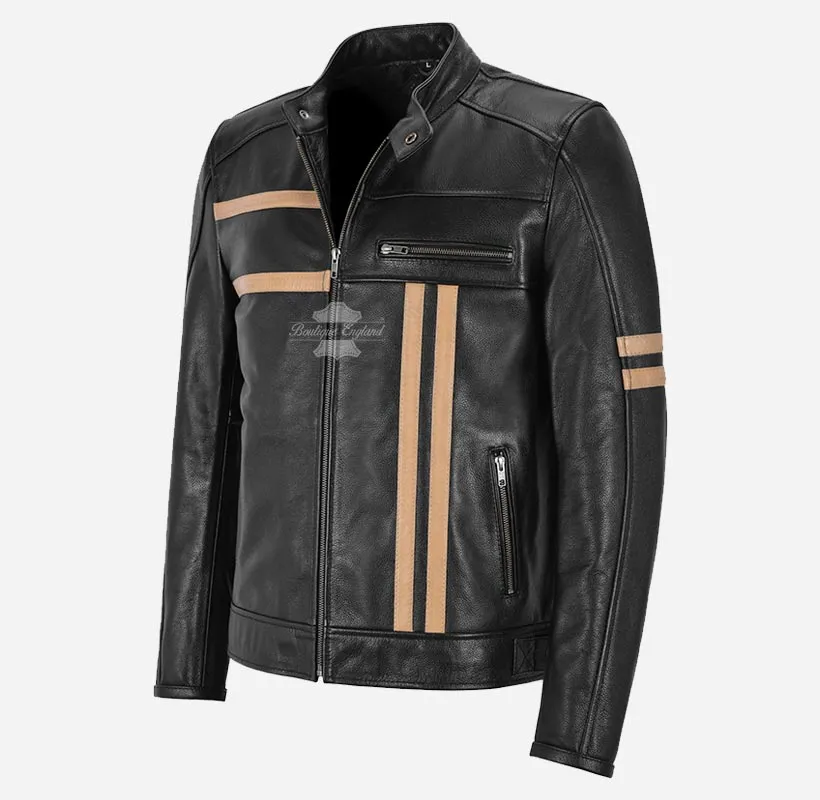 KENWORT MEN'S BLACK LEATHER BIKER JACKET Beige Stripes