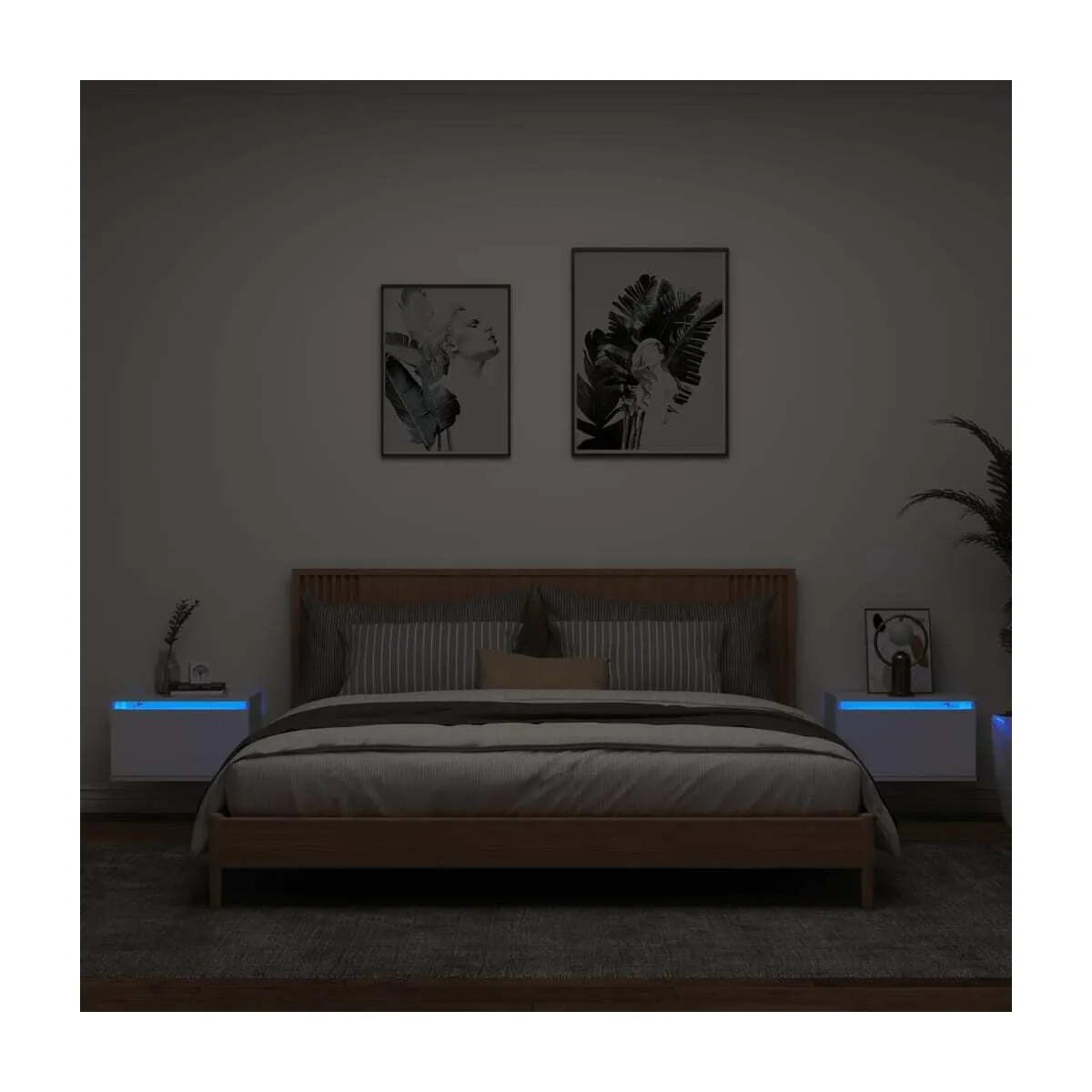 Mesitas de noche de pared con luces LED 2 unidades blanco