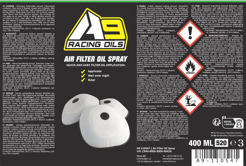 Pack-2 Espray Aceite de Filtro de Aire A9 Racing 400ml