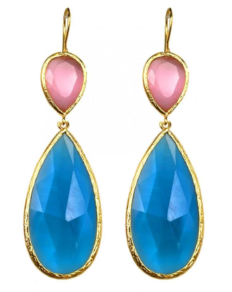 PENDIENTES MUJER LARGOS AZULES TURQUESA Y ROSA DE PIEDRA