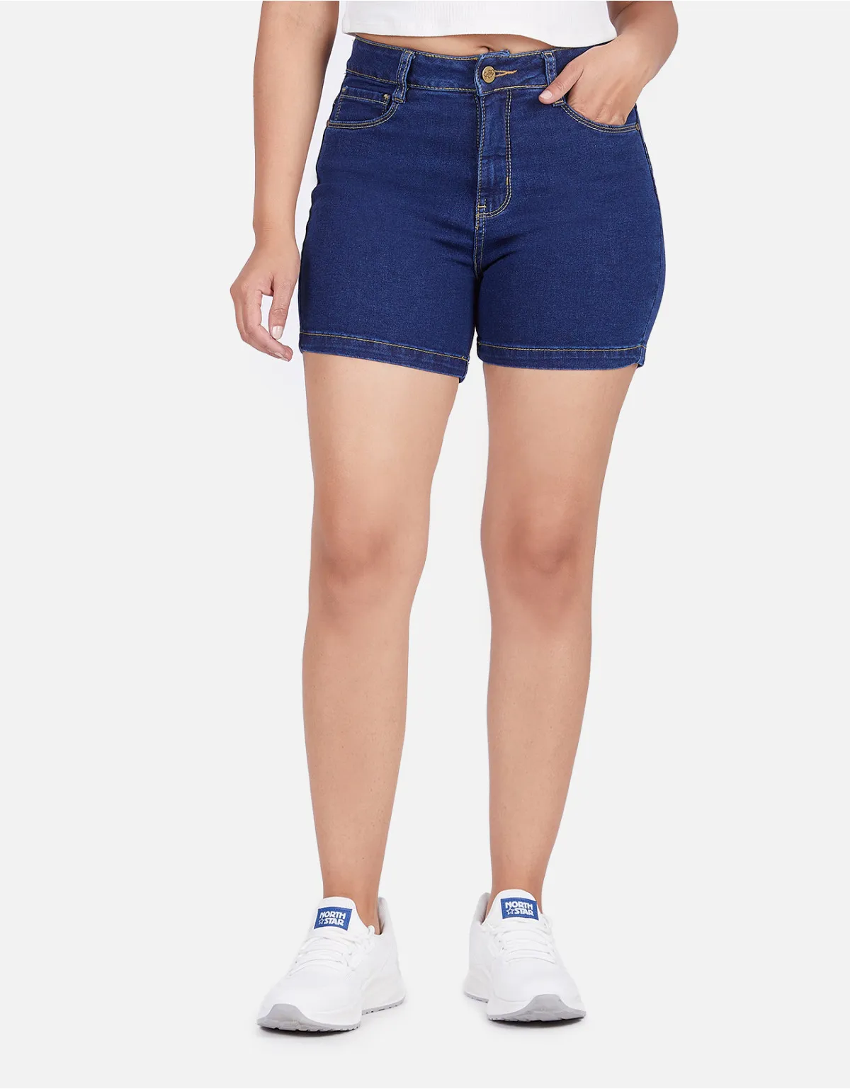 Short jean azul tiro alto