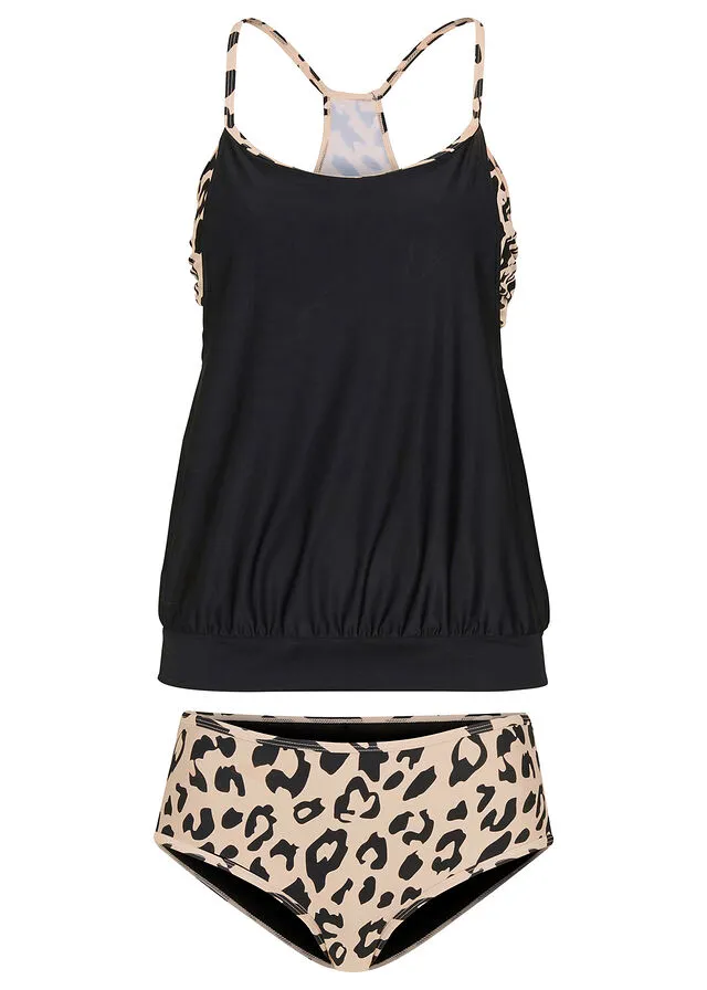 Tankini (2 piezas) Negro/marrón claro con estampado de leopardo