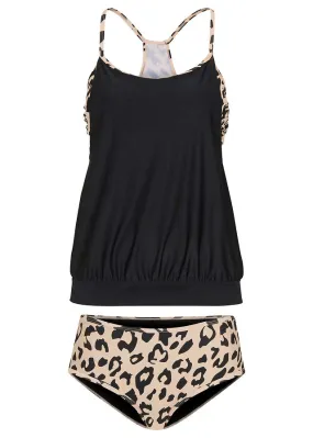 Tankini (2 piezas) Negro/marrón claro con estampado de leopardo