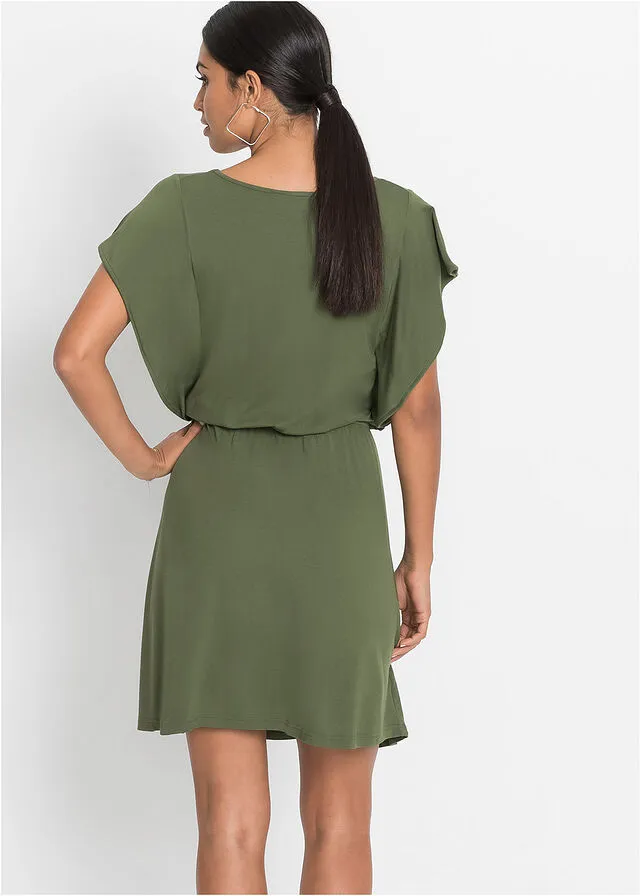 Vestido de punto con mangas de volantes Verde caqui oscuro