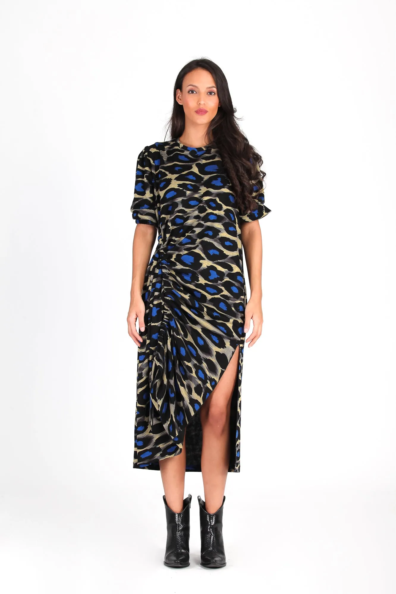 Vestido midi fruncido print azul