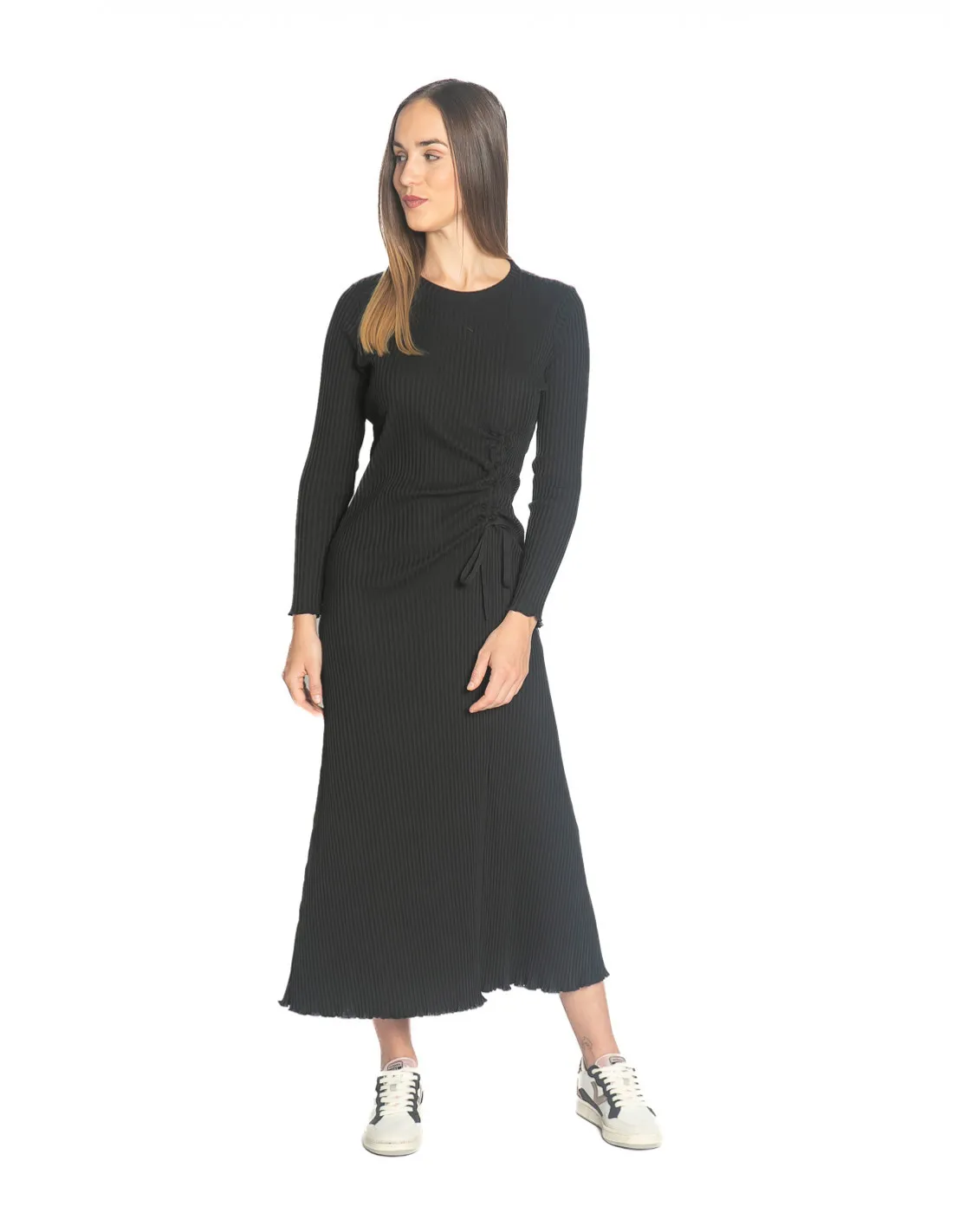 VESTIDO MIDI NEGRO FRUNCIDO EVANS RITA ROW